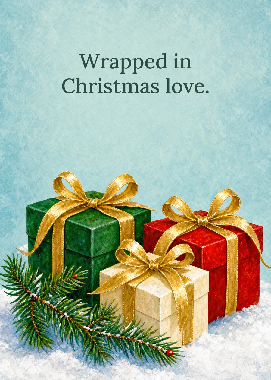 Personalized A Thoughtful Christmas Surprise Greeting Card front with example wording: Wrapped in Christmas love.