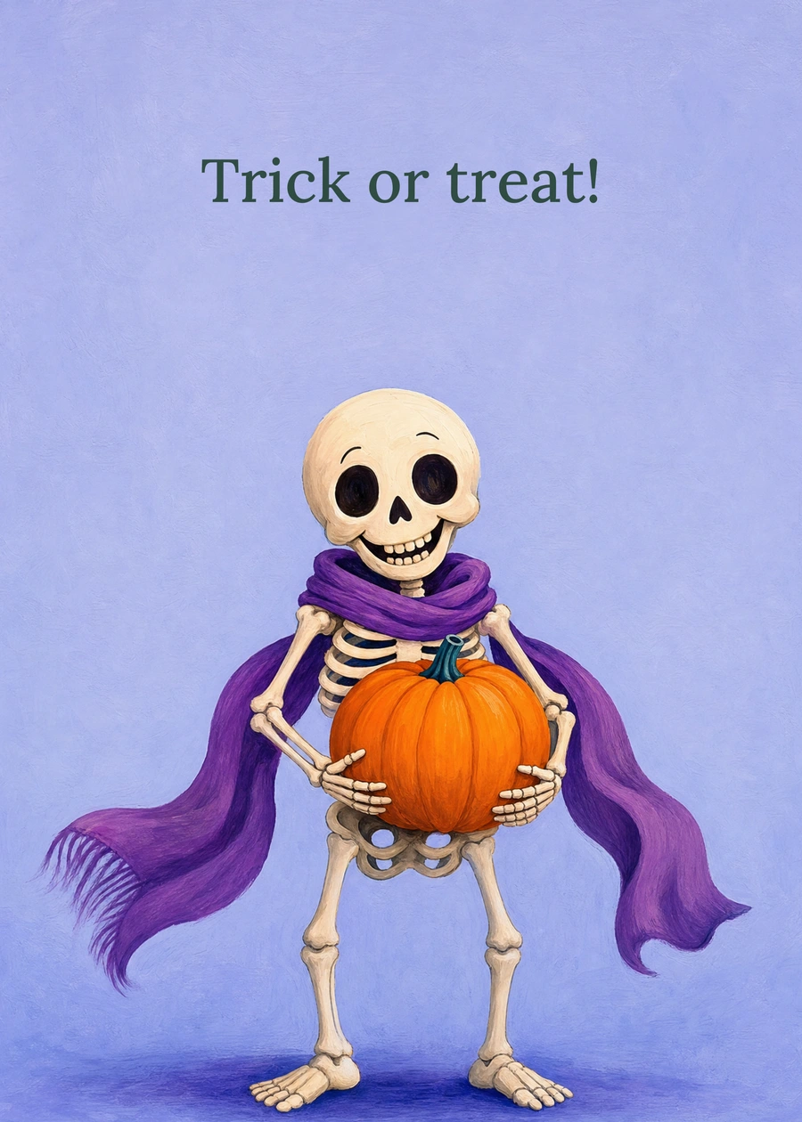 A Skeleton Full of Halloween Cheer greeting card artwork: Trick or treat!