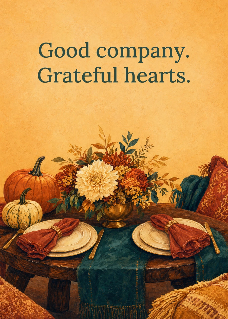 Personalized A Cozy Thanksgiving Table Greeting Card front with example wording: Good company. Grateful hearts.