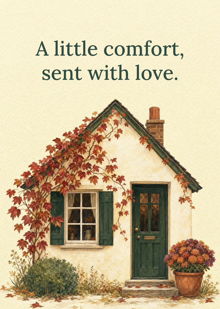 Personalized A Cozy Autumn Corner Greeting Card front with example wording: A little comfort, sent with love.