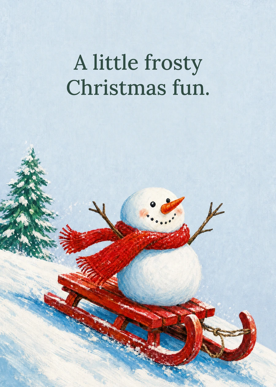 Personalized A Snowman on a Sled Greeting Card front with example wording: A little frosty Christmas fun.