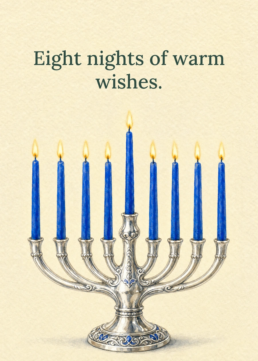 Personalized Silver Light for Hanukkah Greeting Card front with example wording: Eight nights of warm wishes.